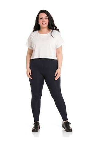 Büyük Beden Beli Lastikli Bilek Hizasında Lacivert Bayan Tayt