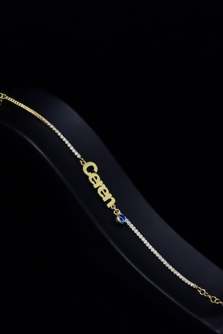 925 Ayar Gümüş Gold Kaplama Zirkon Taşlı Su Yolu, Cam Göz Isimli Bileklik