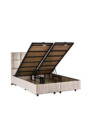 Star Baza Ve Başlık Seti 180x200 Cm Çift Kişilik Krem Keten Kumaşlı Lüks Baza Ve Başlık Takımı