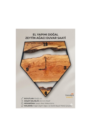 Doğal Zeytin Ağacı Masif Duvar Saati - 50x55 Cm El Yapımı Endüstriyel Metal Çerçeveli Saat Kahverengi