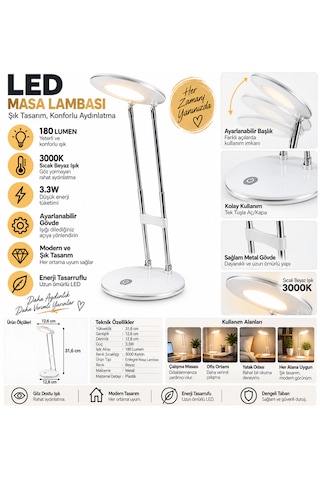 Led Masa Lambası 3.3w 180 Lumen 3000k Sıcak Beyaz Ayarlanabilir Başlıklı Çalışma Ve Ders Lambası