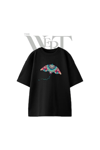 Thewert Mandalali Manta Ucurtma Tasarım Baskılı Ünisex Siyah Oversize T-shirt