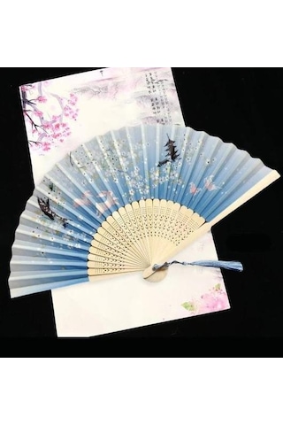 Beluga Yelpaze Bambu Serinletici Vintage Turkuaz Çiçekli Tavşanlı Şık Püsküllü Japon Yelpaze 0228