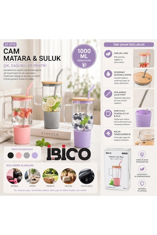Cam 1000ml Matara - Suluk Bambu Kapak - Sızdırmaz Silikonlu Çelik Pipet Koruyucu Silikon Altlık - Kılıf Bx40 0