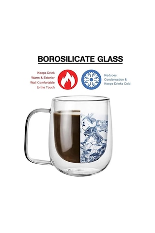 2 Adet Çift Cidarlı Cam Kupa Bardak 250 Ml Çift Camlı Bardak Kupa Double Walled Glass Açık Ahşap