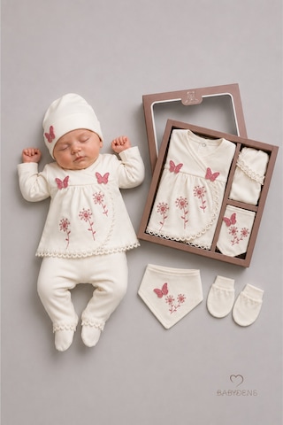 Babyden's Yenidoğan Kız Bebek Mevlit Takımı %100 Pamuk 5'li Hastane Çıkışı Kelebek Nakışlı Set Ekru
