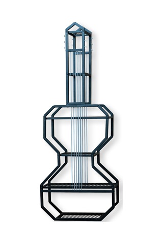 Gitar Formlu Metal Kitaplık Traverten Raflı Modern Dekoratif Aksesuar Rafı Siyah Çiçeklik Ünitesi