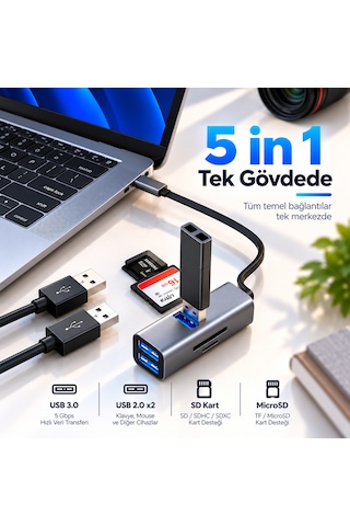 Woyax 5 İn 1 Type-c Usb Hub Çoklayıcı Dönüştürücü Converter Usb 3.0 2x Usb 2.0 Sd Microsd Tf Kart Okuyucu Macbook Laptop Ve Tablet Uyumlu