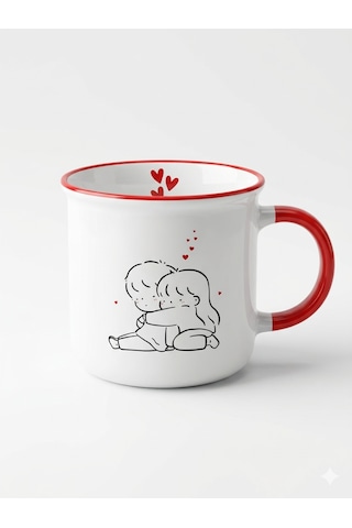 Romantik Çift Tasarımlı 370 Ml Porselen Kupa Kırmızı Kulplu Sevimli Aşk Temalı Kahve Kupası