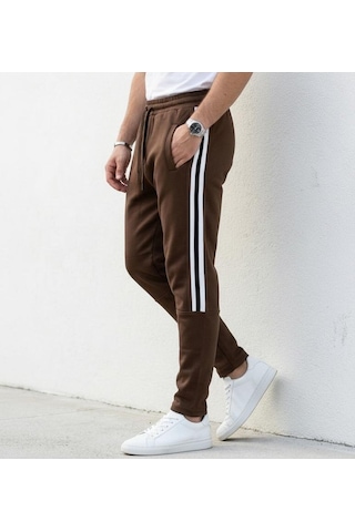 Plus Scorpion Erkek Slim Fit Pamuklu Eşofman Altı Yan Şerit Detaylı Günlük Kahverengi