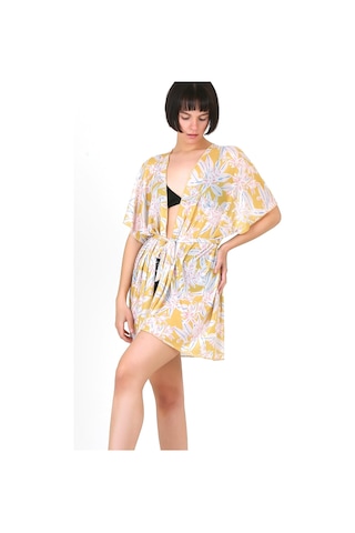 Pareo Plaj Elbisesi Kimono Std Yazlık Oversize Tül Gömlek Kemerli Elbise Çiçekler Sarı