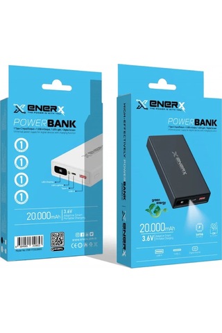 Enerx Enr-p20188dc Powerbank 20.000 Mah Dijital Ekranlı Fenerli Usb+type-c 2.1a Beyaz Siyah