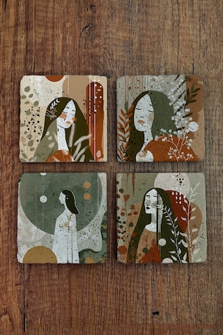 Modern Tasarım Kadın Temalı Doğal Taş Bardak Altlığı - Stone Coasters Çok Renkli