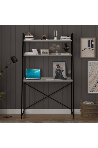 Asra Trend Metal Kitaplıklı Çalışma Masası METALKÇM01 %100 MDF Raf Üniteli Kül Gri