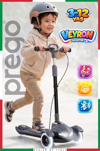 Prego Veyron Bluetoothlu Müzikli Işıklı Çocuk Scooter Katlanabilir - Yükseklik Ayarlı Gri