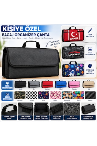 Kişiye Özel Baskılı Bagaj Organizer Çanta İsim, Logo Ve Desen Baskılı, Katlanabilir, Cırtlı Oto Bagaj Düzenleyici 45x25x15