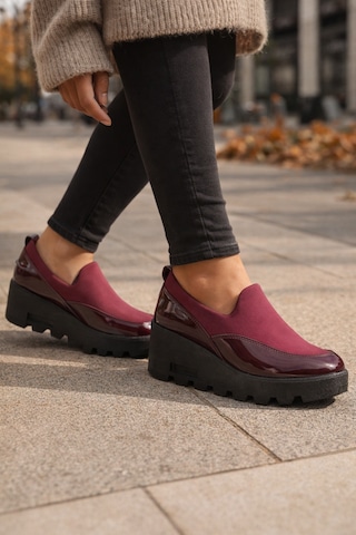 Bordo Kalın Taban Kadın Günlük Comfort Ayakkabı Kaymaz Taban Kırmızı