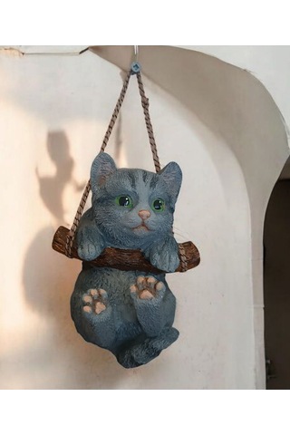 1 Adet Dekoratif Sallanan Duvar Ve Bahçe Süsü Kedi Gri