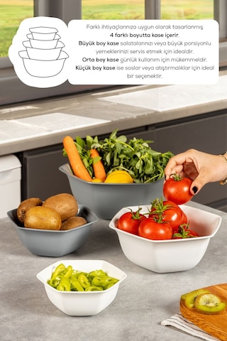 Vienev 4lü Altıgen Kase Seti Beyaz-antrasit