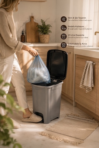 Porsima 0123 Pedallı Metalize Banyo Mutfak Çöp Kovası Siyah Kapaklı Slim Pedallı Çöp Kovası 15 Litre Siyah