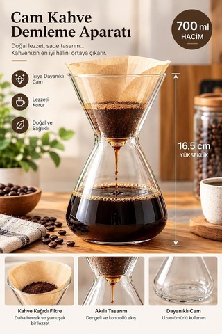 Tr Borosilikat Cam Kahve Demleyici Dripper Kahve Demleme Caraf 700ml