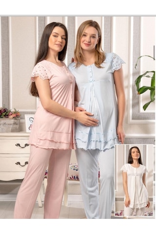 Bone Club 5816 Mavi Vual Penye Hamile Lohusa 3 Lü Pijama Sabahlık Tk 001