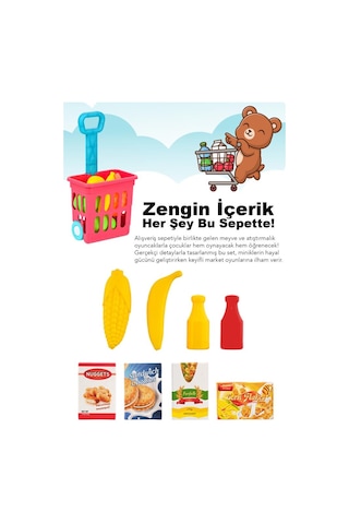 9 Parça Oyuncak Alışveriş Sepeti - Meyve Sebze Atıştırmalık Dolu Kulplu Market Arabası