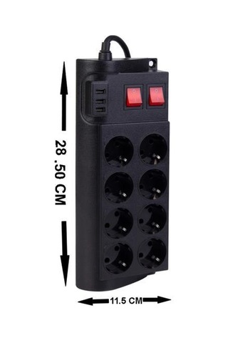 Şahnet FTR-08 8'li Siyah 2 Anahtarlı Akım Korumalı 3USB li Grup P