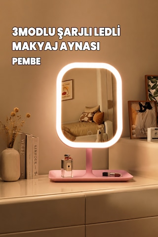 Led'li Makyaj Aynası - 3 Modlu Işıklı Ayna - Şarj Edilebilir Usb - Şarjlı Makyaj Düzenleyici Dokumatik Pembe