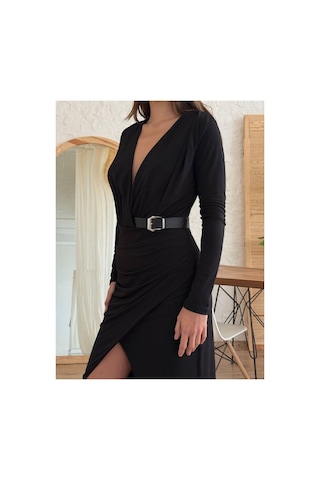Can Çapar Kadın Abiye Derin Degaje Yaka Likralı Kemer Detaylı Bodycon Maxi Elbise - Abiye & Mezuniyet Elbisesi Siyah