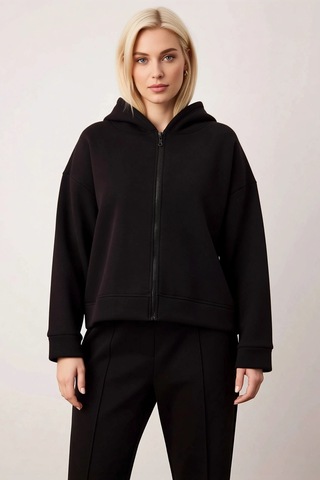 Benerly Kadın Kapüşonlu Düşük Kol Oversize Crop Sweatshirt Fonksiyonel Da siyah