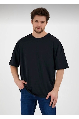 Erkek Oversize Pamuklu Bisiklet Yaka Kısa Kollu T-shirt SIYAH