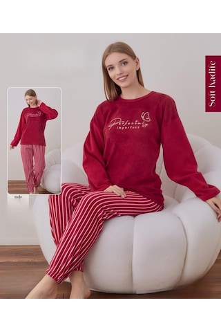 Boyraz Kadın Kışlık Bisiklet Yaka Soft Kadife Pijama Takımı 07021 - 1 Adet Kırmızı