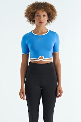 Tommy Life Saks Bel Bağlama Detaylı O Yaka Standart Kalıp Dalgıç Kumaş Kadın Crop T-shirt - 97266 Saks