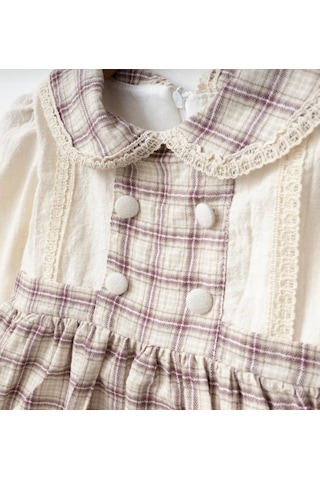 Düğme Detaylı Kareli Kız Bebe Elbise Açık Bej