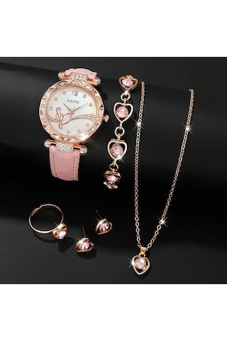 Kadın Yuvarlak Kuvars Saat Ve Bileklik+kolye+küpe+yüzük Takı Seti Pudra