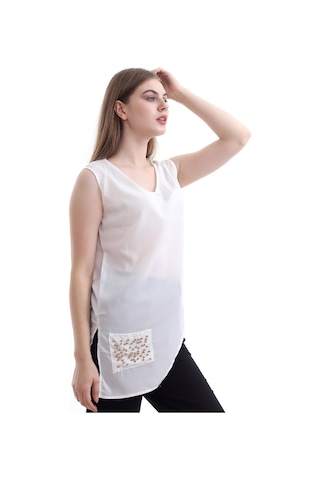 Self Clothing Kadın Beyaz V Yaka Cep Ve Yırtmaç Detaylı Bluz Slf1246-Beyaz