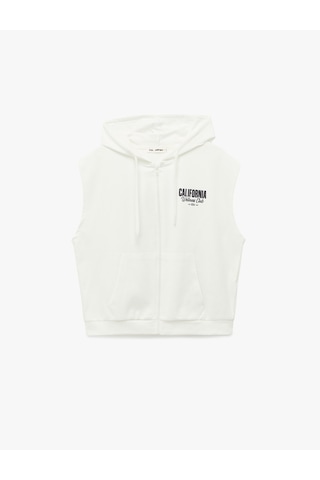 Koton Arkası Baskılı Fermuarlı Cep Detaylı Kapüşonlu Kolsuz Sweatshirt Ekru 6sal30039ık Ekru