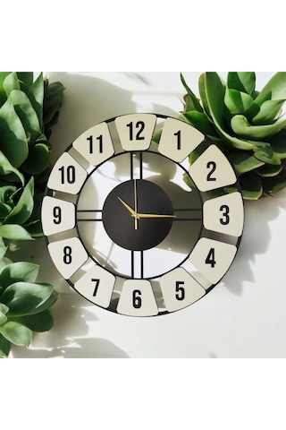 Ahşap Siyah Beyaz Renk Desenli Sayılı Hediyelik Sessiz Duvar Saati 50cm Beyaz