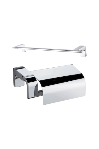 Ahlez Premium Uzun Havluluk Kapaklı Kağıtlık Ikili Banyo Seti Krom