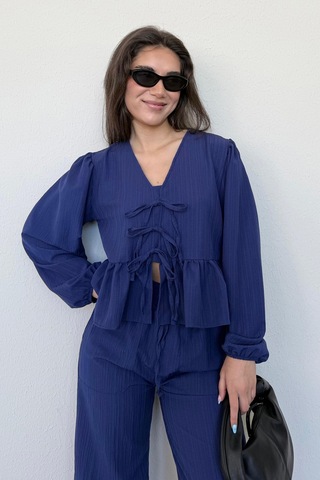 Madmext Lacivert Önü Bağlamalı Bluz Pantolon Takımı Mg2343 Lacivert