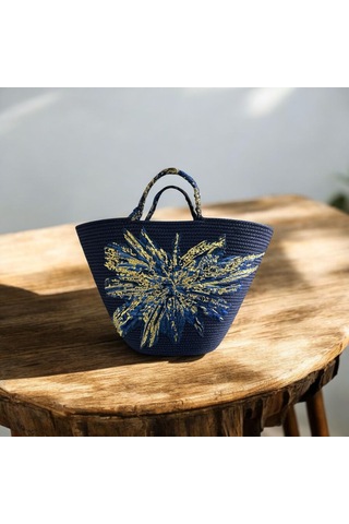 Hasır Çanta, Plaj Çantası, Tasarım Çanta, Lacivert Desenli El Çantası Lacivert