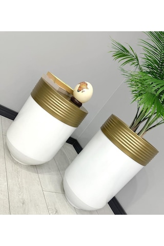 Elegant Dekoratif Eskitme Darbuka Parlak Beyaz Saksı 70cm + Sehpa 60cm İkili Set
