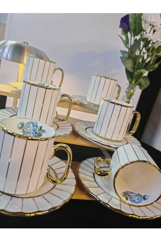 Sihir Mien Gold Detaylı Çizgili Tasarım Kahve Fincanı Takımı Model: Shrcizgilitkm Mavi