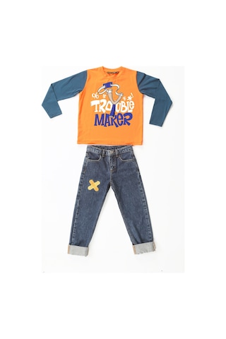 Casabony Trouble Maker Denim Pantolon +T-Shirt Takım-Indigo - Turuncu İndigo - Turuncu