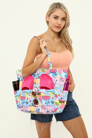 İcone Bag Kadın Çantası, Fonksiyonel Baskılı Plaj Çanta, Beach Bag, Karpuz Tropical Desenli Fermuarlı Çanta Mavi - Pembe