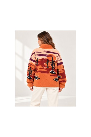 Nova Earth Art Kadın Desenli Yarım Fermuarlı Peluş Sweatshirt Kaktüs Desenli Çok Renkli