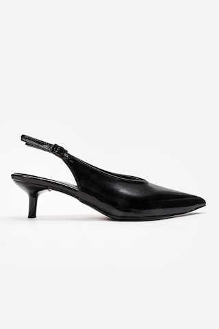 Alewomen Siyah Rugan Sivri Burun Arka Açık 4 Cm Topuk Boyu Gormi Stiletto Kadın Ayakkabı Siyah Rugan