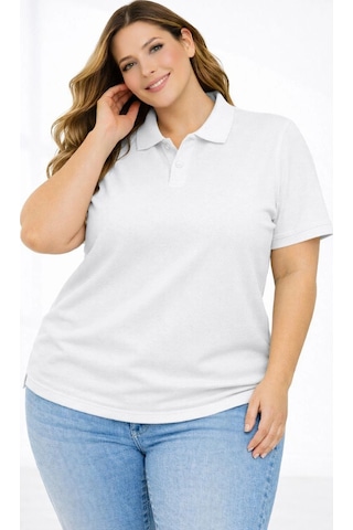 Wear Vexel Kadın Battal Beden Tişört Polo Yaka Pike Kumaş Kısa Kol T-shirt - Beyaz Beyaz