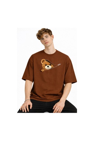 Misa Tahtakale Mn - Bear Baskılı Oversize Tişört Kahve Çok Renkli